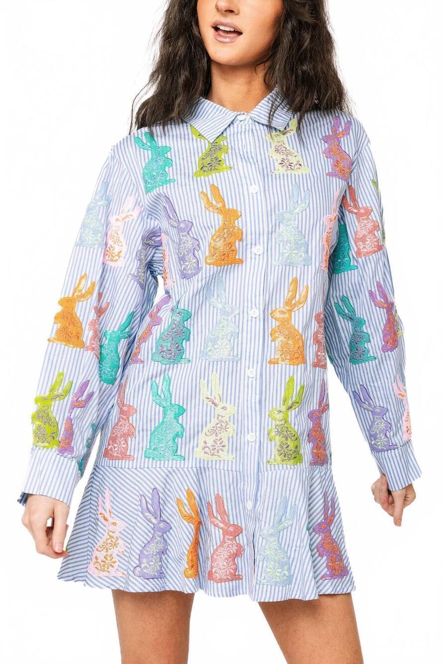 NEW QUEEN OF SPARKLES multi easter bunny cotton dress in blue & white stripe